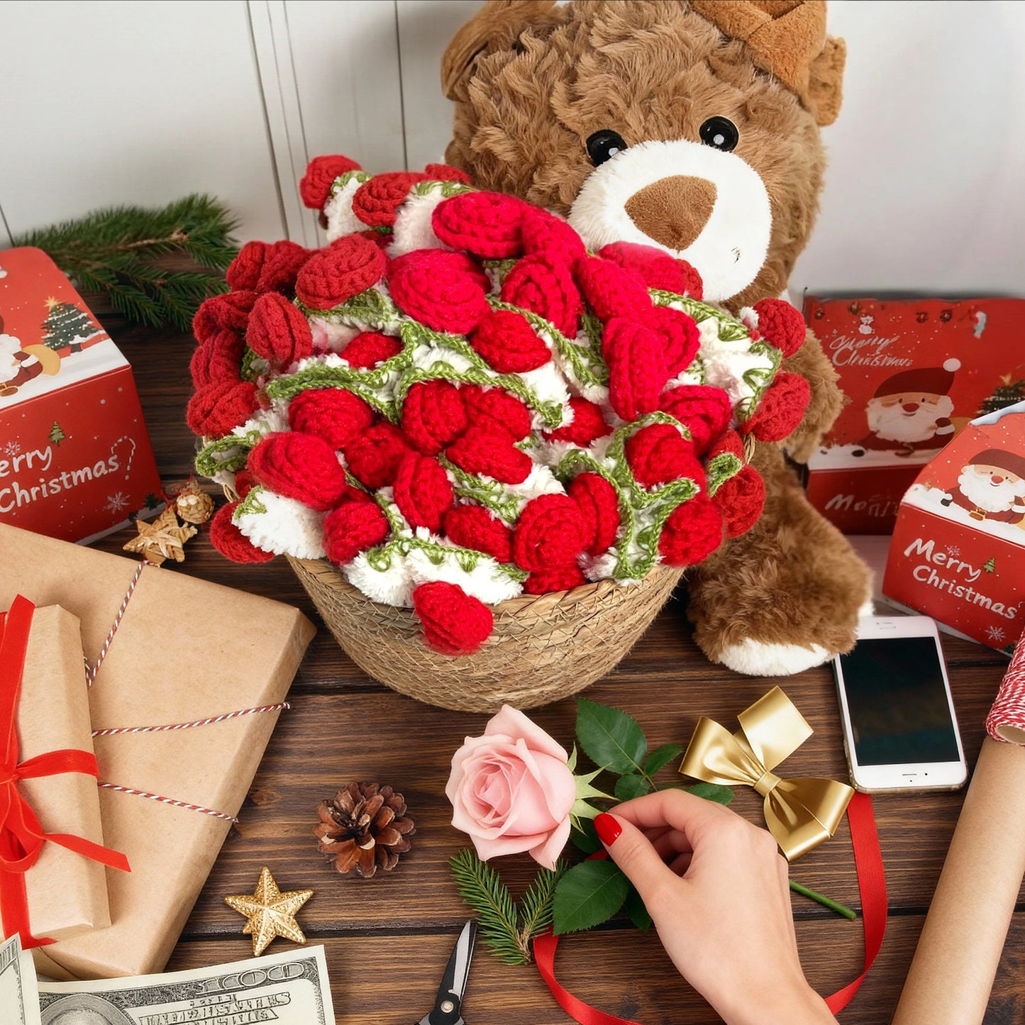 Rose hand-woven blanket, Coral fleece pure handmade blanket, can be turned into a bouquet of roses blanket,Shawl & Decoration- Christmas gift  for lover,friends,mother ,Christmas TikTokShopHolidayHaul
