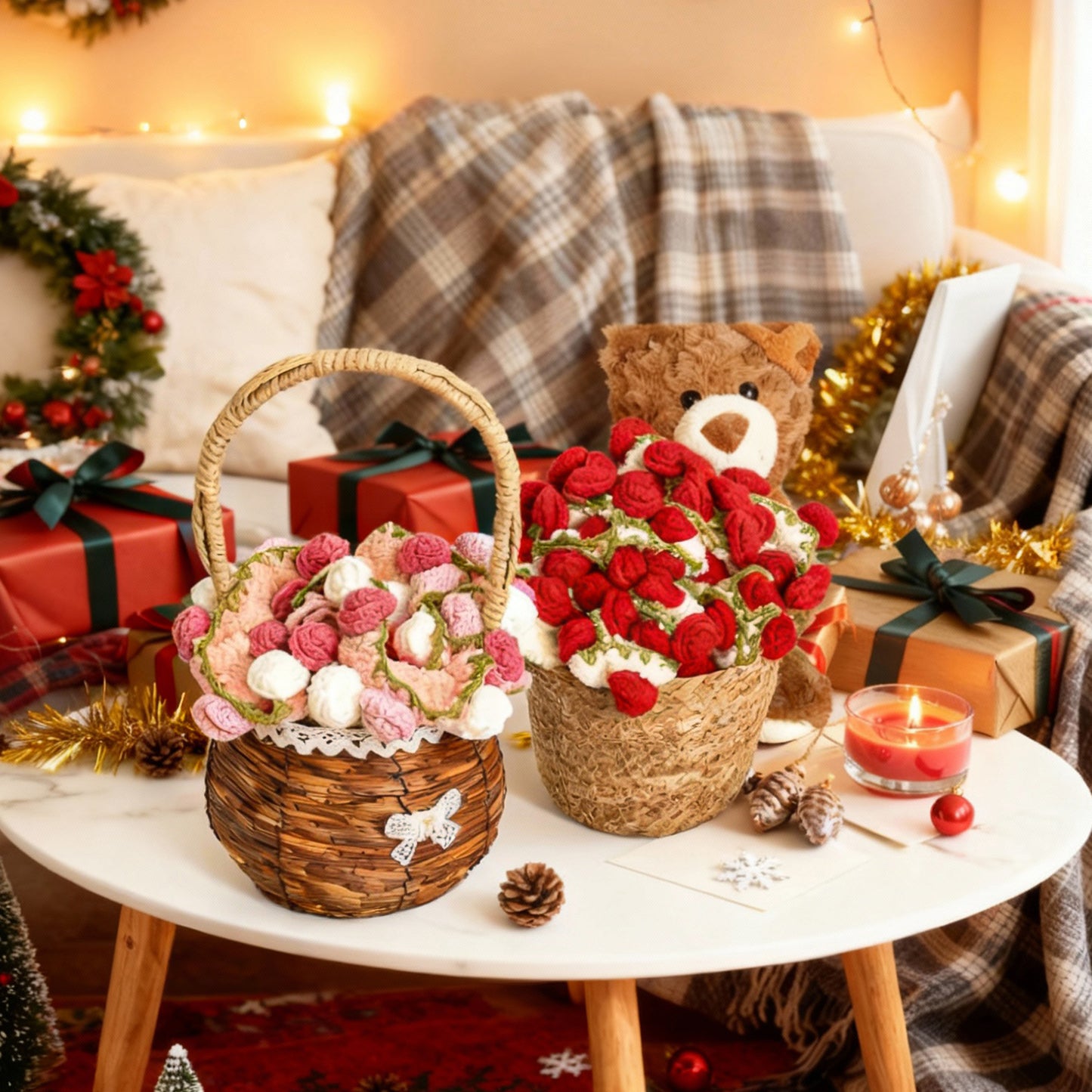 Rose hand-woven blanket, Coral fleece pure handmade blanket, can be turned into a bouquet of roses blanket,Shawl & Decoration- Christmas gift  for lover,friends,mother ,Christmas TikTokShopHolidayHaul