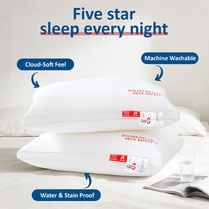 Waterproof Stain & Oil Resistant Pillow, Triple-Protection Fabric Pillow for Neck Safety, Cloud-Soft Hotel Quality Pillow, Machine Washable Hypoallergenic Pillow for Back, Stomach or Side Sleepers