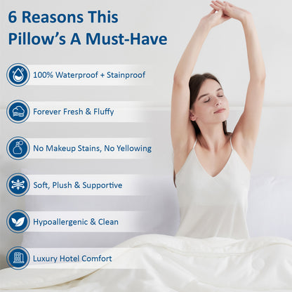 Waterproof Stain & Oil Resistant Pillow, Triple-Protection Fabric Pillow for Neck Safety, Cloud-Soft Hotel Quality Pillow, Machine Washable Hypoallergenic Pillow for Back, Stomach or Side Sleepers