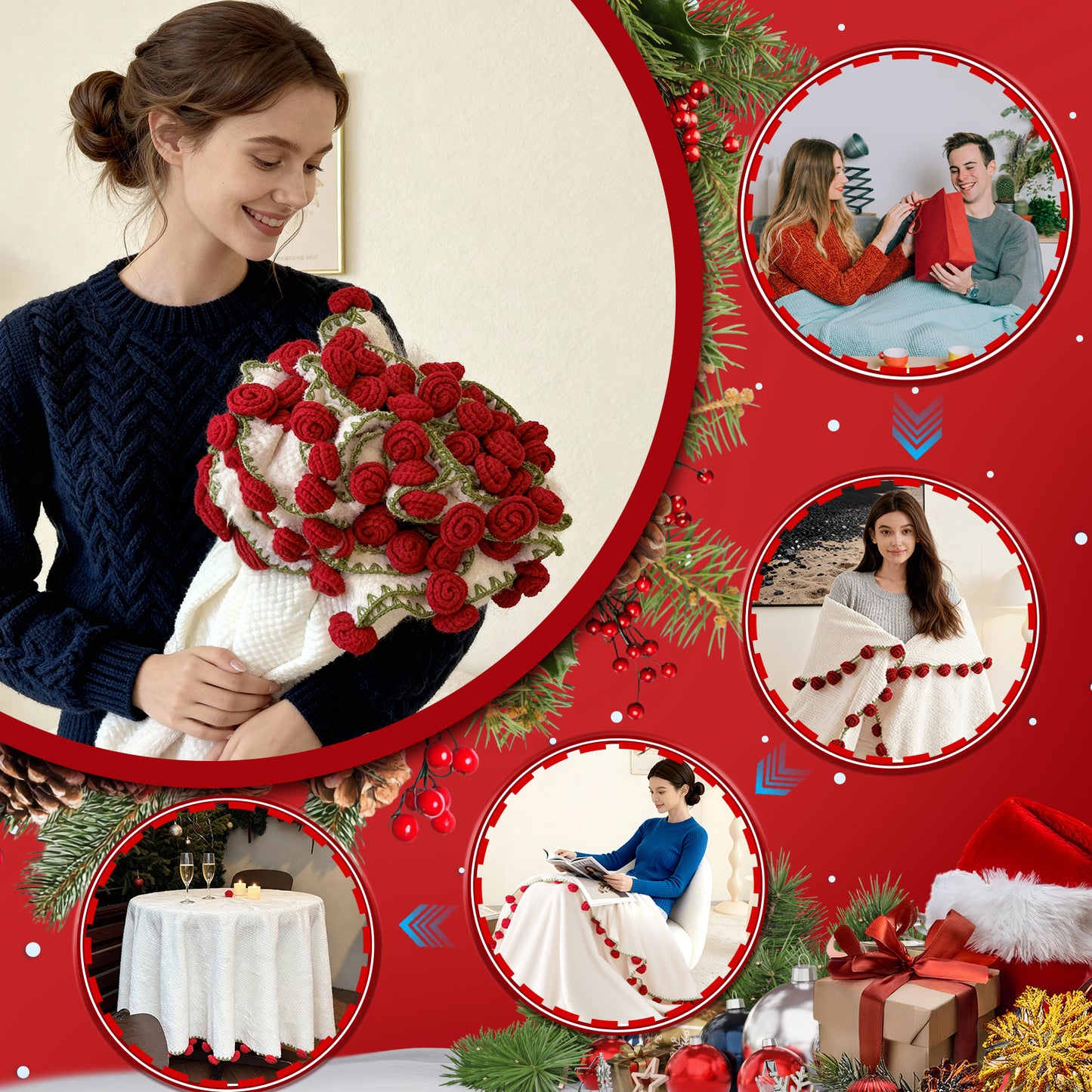Rose hand-woven blanket, Coral fleece pure handmade blanket, can be turned into a bouquet of roses blanket,Shawl & Decoration- Christmas gift  for lover,friends,mother ,Christmas TikTokShopHolidayHaul