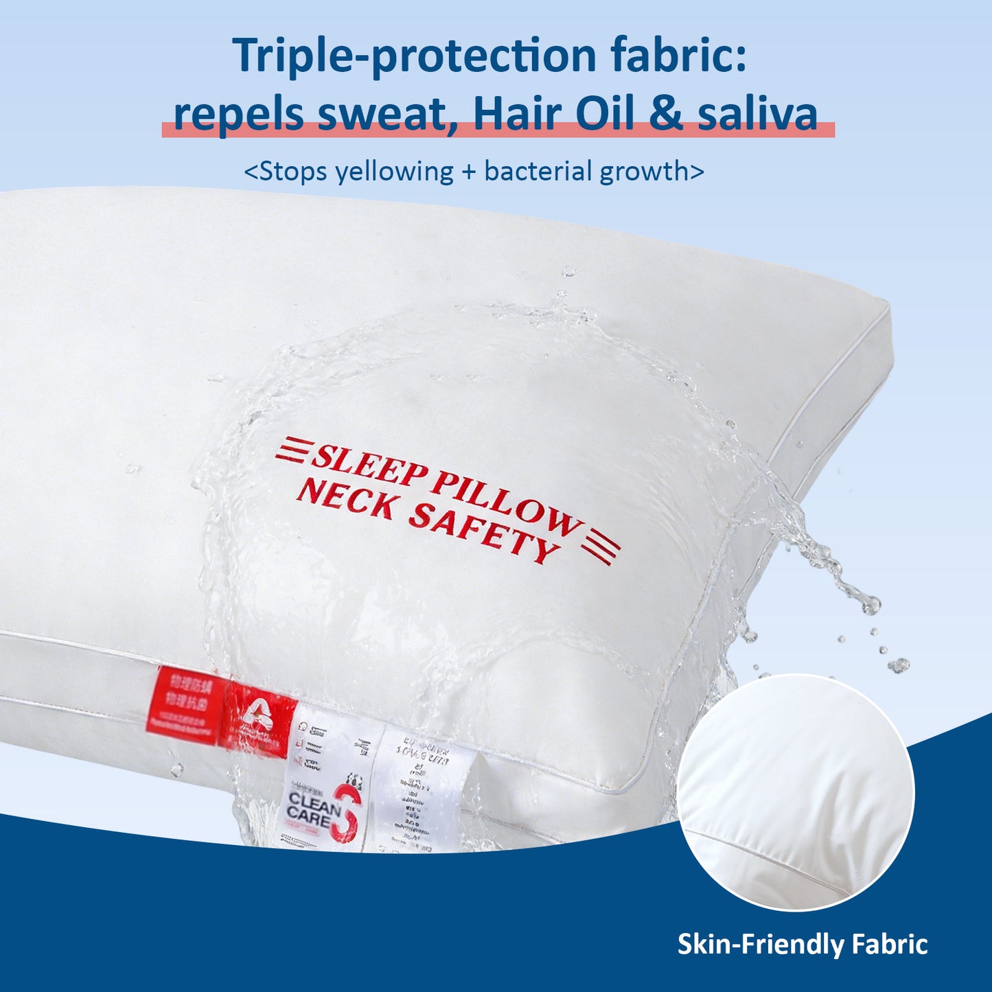 Waterproof Stain & Oil Resistant Pillow, Triple-Protection Fabric Pillow for Neck Safety, Cloud-Soft Hotel Quality Pillow, Machine Washable Hypoallergenic Pillow for Back, Stomach or Side Sleepers