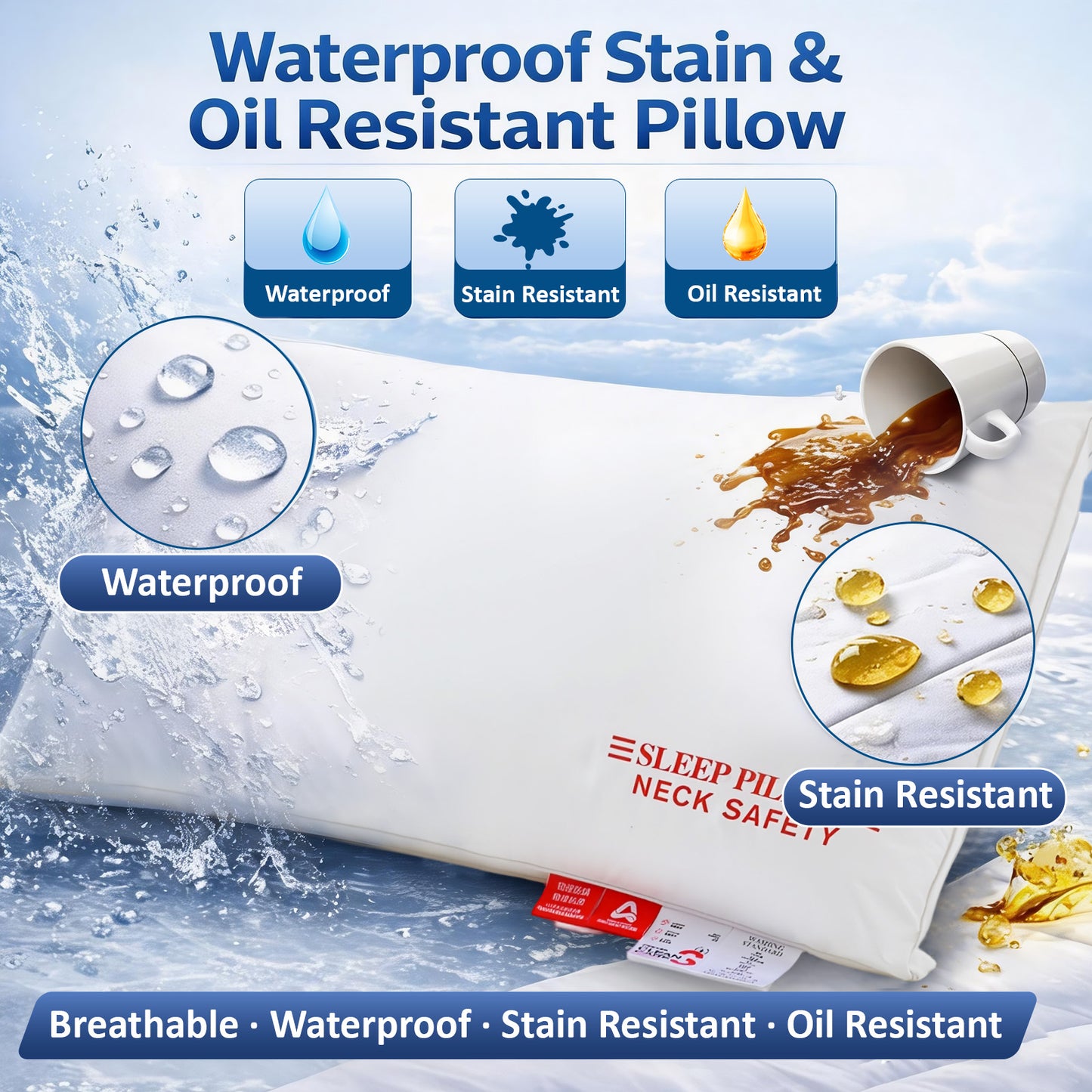 Waterproof Stain & Oil Resistant Pillow, Triple-Protection Fabric Pillow for Neck Safety, Cloud-Soft Hotel Quality Pillow, Machine Washable Hypoallergenic Pillow for Back, Stomach or Side Sleepers