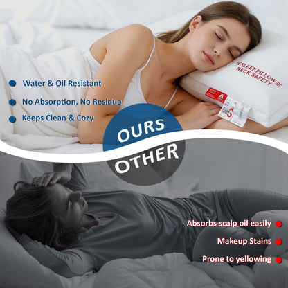 Waterproof Stain & Oil Resistant Pillow, Triple-Protection Fabric Pillow for Neck Safety, Cloud-Soft Hotel Quality Pillow, Machine Washable Hypoallergenic Pillow for Back, Stomach or Side Sleepers